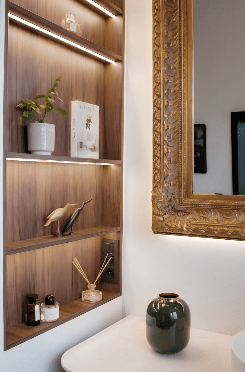 Niche murale en bois avec éclairage intégré et miroir doré baroque, salle de bain à Liège