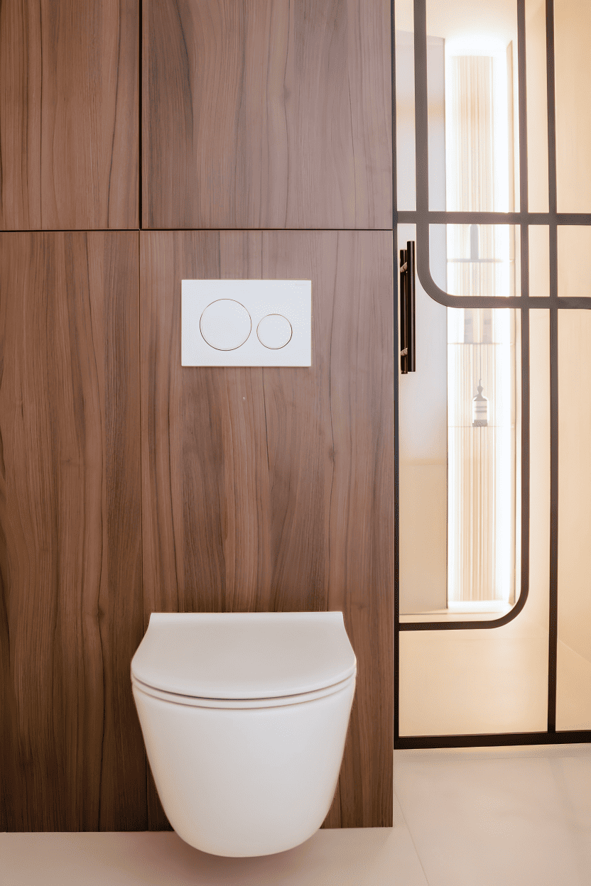 WC suspendu en bois noyer à côté d'une verrière noire, salle de bain appartement Liège